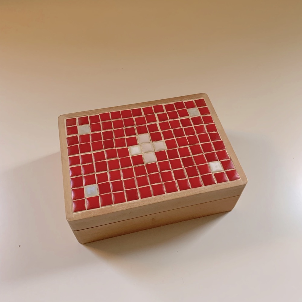 MidCentury Red Mosaic Top Wooden Box Japan